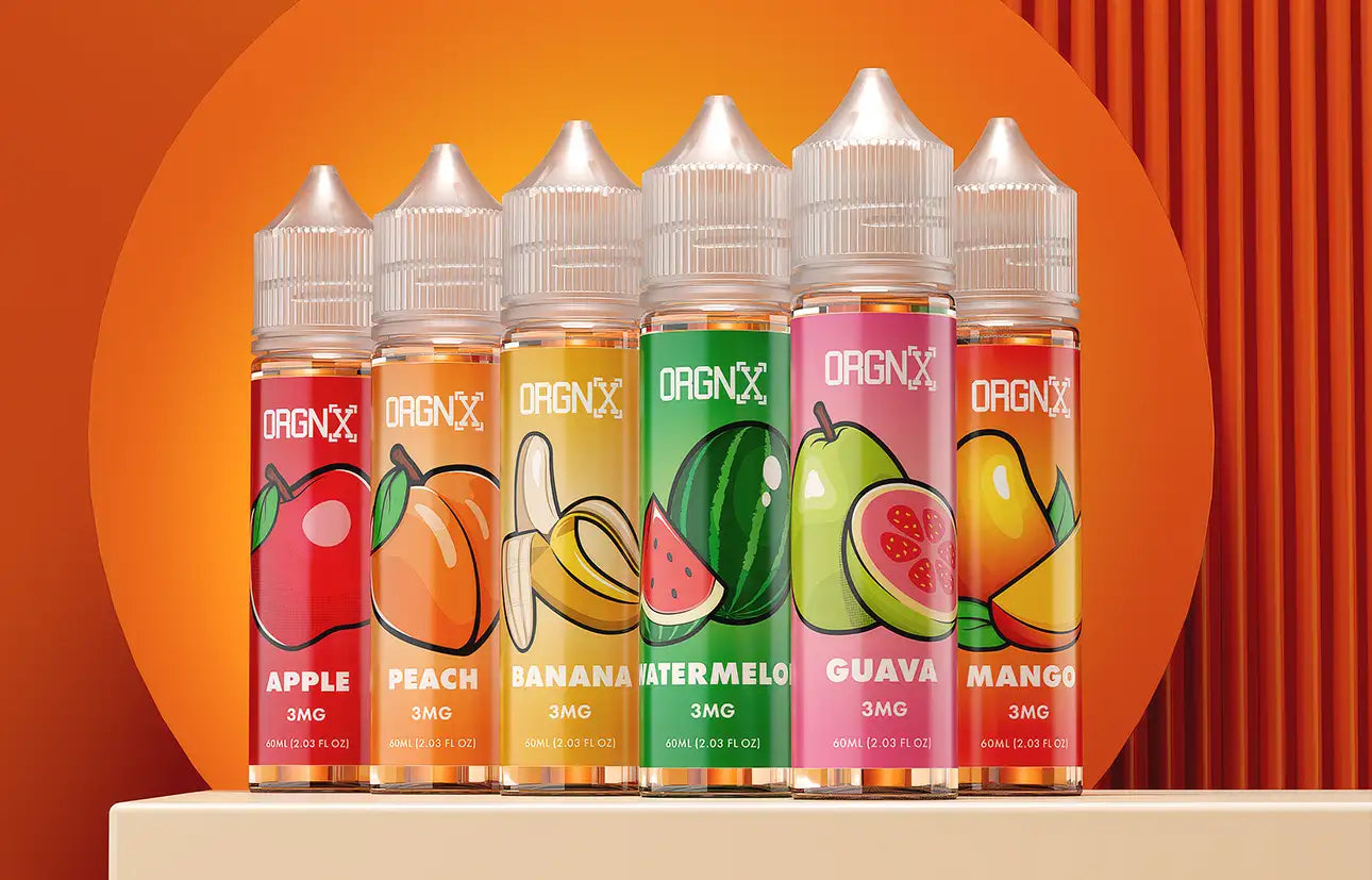 ORGNX Eliquids: Apple, Peach, Banana, Watermelon, Guava, Mango